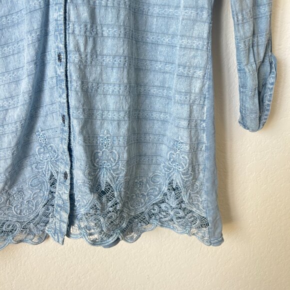 Reba Top Womens Small Blue Embroidered Lace Trim Studded Button Up Blouse S - Picture 5 of 10